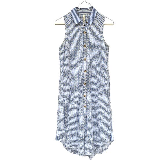 Anthropologie Kismet Shirt Dress Button Up Sleeveless Midi Eyelet Blue Stripe 2 - Picture 3 of 11